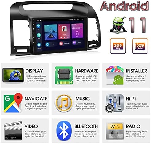 Nhopeew Android 11 CarPlay Radio para Toyota Camry 2000-2006, 2 GB + 32 GB de 9 polegadas de tela sensível