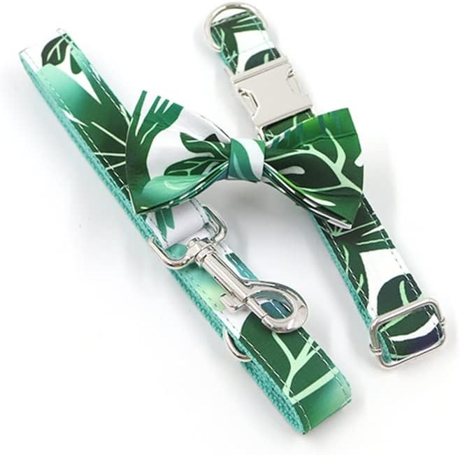 Colarinho de cachorro zlxdp com folhas verdes gravadas com nomes impressão elegante colarinho de estimação e coleira com gravata