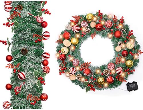Garland de 6 pés de 6 pés e 24 polegadas prelit Red White iluminada grinalda de Natal, decoração de férias para lareira da porta da frente ao ar livre decoração de natal decoração