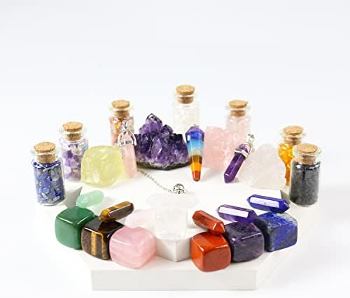 NVZI Cristais de cura e kit de pedras na caixa, conjunto de cristais de chakra, ametista, quartzo rosa, citrino, cristal