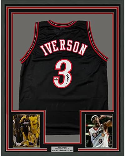 Fac -símile emoldurado autografou Allen Iverson 33x42 Philadelphia Black Reimpressão Laser Jersey de basquete automático