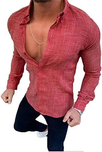 Button de linho de algodão masculino camisa de vestido de manga longa de praia casual tops moda de lapela casual camiseta
