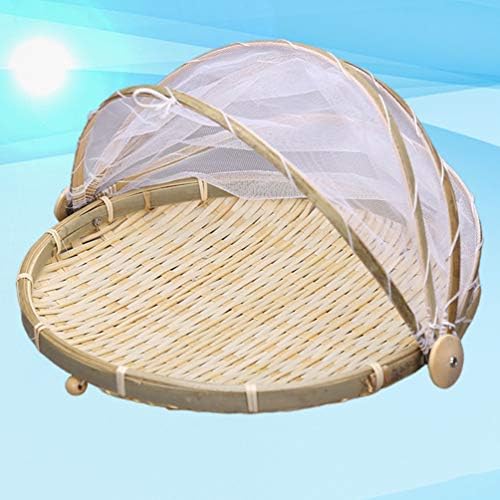 Bandeja decorativa de Doitool Bosques de bambu de bambu com cobertura de malha coberta cesta de tenda de tenda redonda