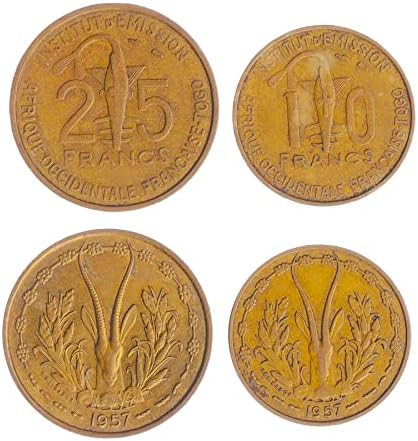2 moedas dos estados da África Ocidental | Coleção do conjunto de moedas da África Ocidental 1 25 Francos | Circulou 1957 | Sawfish | Tubo de ensaio