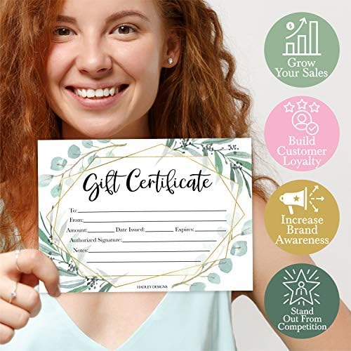 25 Eucalyptus Gold Blank Gift Certificates para pequenas empresas, voucher em papel para massagem, spa de salão de cabelos