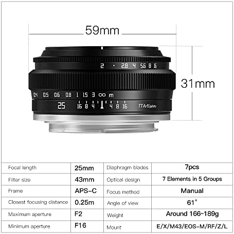 Ttartisan 25mm F2 APS-C Lente de retrato manual de abertura grande APS-C para Fuji x Xf Mount Camera XT3 XT4 XT10 XT20 XT30 XT200 XS10 XA3 XA5 X100V Xe2 Xe2s Xe3