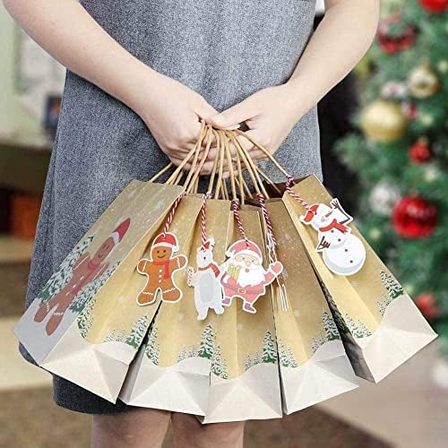Sacos de presente de Natal de 24 pacote com tags combinando, sacolas de presentes de férias kraft com estampas festivas,