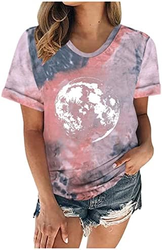 Tops de verão feminino Casual vintage solto tie tying tingra sol lua de lua com manga curta camiseta de camiseta de camiseta