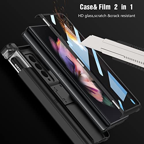 Caso da série de proteção de dobradiça magnética HJCMikee para Samsung Galaxy Z Fold 3 5g, Slot S-Pen interno Protetor de tela frontal de kickstand escondido, smartphone de quatro cantos de corpo inteiro de quatro cantos.