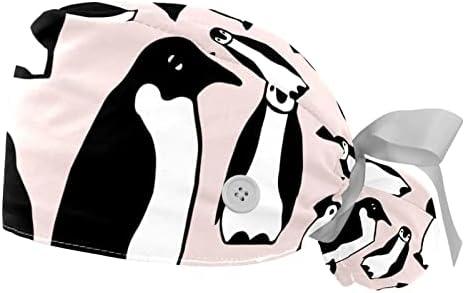 2 PCS Nurse Scrub Caps Cabelo longos, Penguins Padrão Capinho de trabalho ajustável com botão e banda de moletom