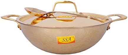 Shiv Shakti Arts® Pure Brass - Beda pesado - Serviço e cozinhar Kadhai Premium com tampa e colher de servir - - Use para