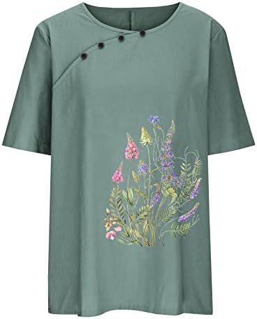 Tampas de linho de tamanho grande para feminino Floral Graphic Tshirt Spring Tops casuais Tops de manga curta de túnica