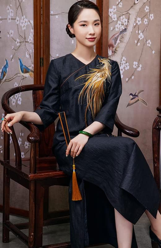 Vestido de seda Mulberry Hangerfeng Foenix Bordado de Bordado Phoenix Melhor Cheongsam Festa de Noturna Black Dress 2661