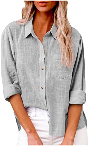 Camas de botão do pescoço para mulheres para mulheres, blusa de camiseta de manga comprida Tops de linho de algodão Tops sexy de