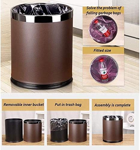Lixo nianxinn pode abrir lixo de metal de couro redondo superior, lixo de pequeno escritório, lata de lixo de cozinha de couro,