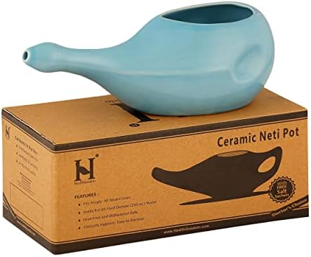 Healthgoodsin Ceramic Neti Pote, lava -louças seguro, para limpeza nasal + 5 sachet neti sal - cor azul céu