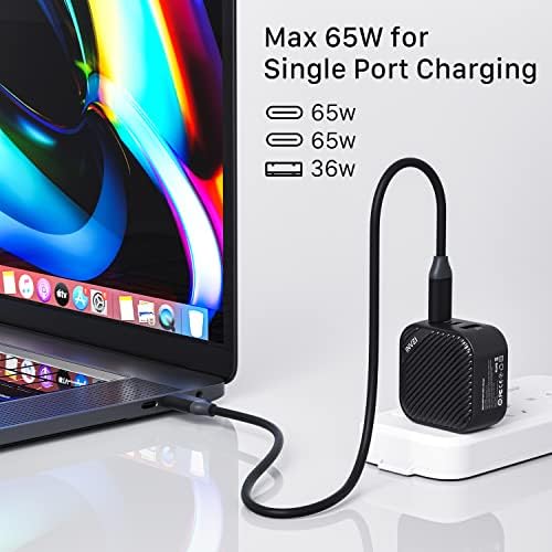 INVZI 65W GAN USB C CARAGEM 3 PORTA, PPS PD PD Fast Charger MultiPort C USB C Adaptador de energia do carregador de parede