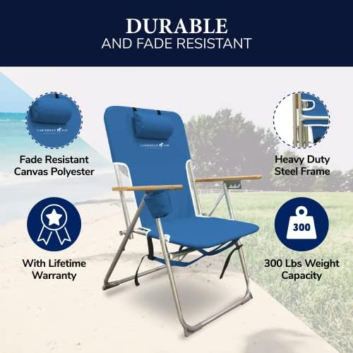 Cadeira de praia dobrável do Caribe Joe, 4 Posição da mochila portátil de acampamento dobrável com apoio de cabeça, porta -copos e
