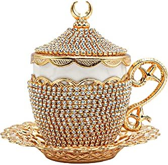 Badang Turkish Espresso Cops, cristal, cor dourada, xícaras de café gregas em árabe otomano, bule de chá, ewer, conjunto de 6