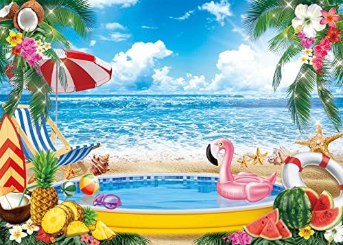 7x5 pés de verão piscina de piscina marítima pano de fundo havaí azul céu oceano cadeira de praia background frutas de palmeira