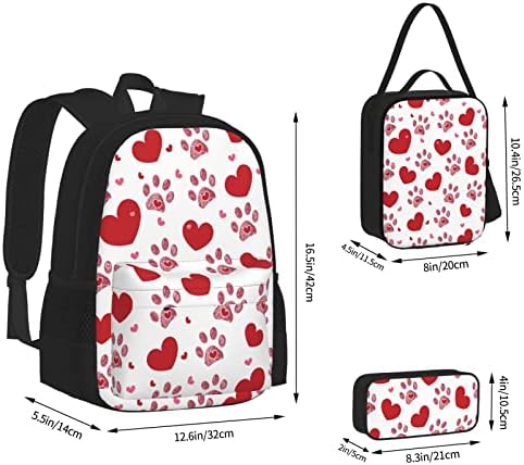 Impressão de pata de cachorro com corações de 3 peças Conjunto de mochilas incluem uma bolsa escolar grande e bolsa de