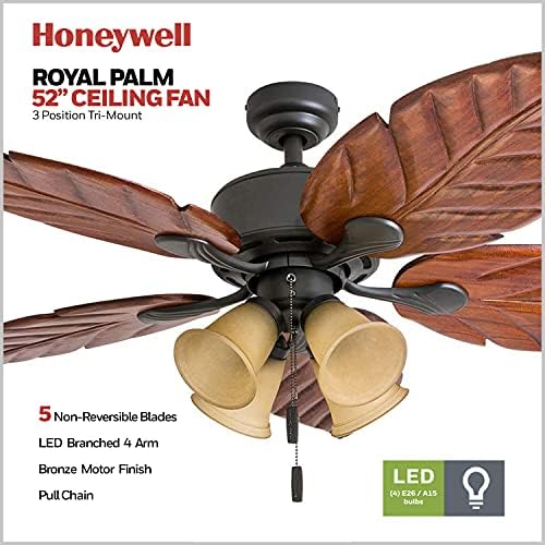 Ventiladores de teto honeywell Royal Palm - Fan Tropical Indoor de 52 polegadas - ventilador de teto LED com corrente leve