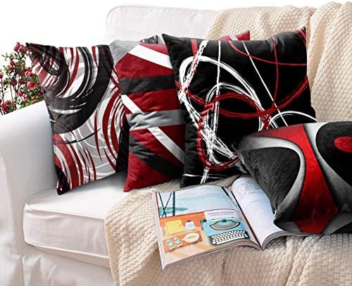 Conjunto de emvências de 4 arremolos de travesseiro de arremesso moderno abstrato vermelho e preto branco padrão cinza listras retrô listras em espiral almofadas decoração decoração de casa quadrado 18x18 polegadas fronhas