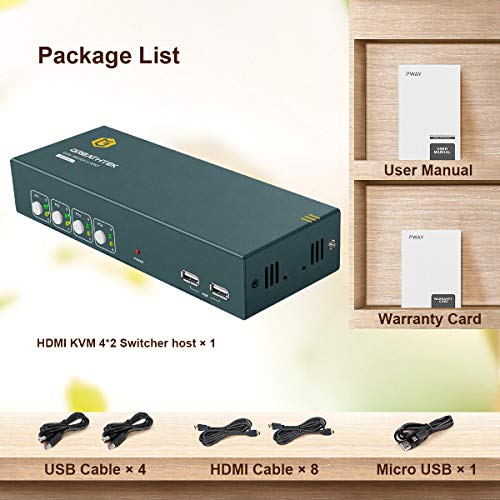 Switch Greathtek KVM HDMI Monitor duplo Exibição estendida 4 porta, USB2.0, Switch de tecla de atalho, UHD 4K@60Hz Resolução Yuv4: