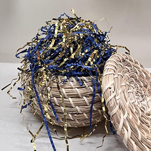 Crinkle Cut Paper Shred Filler para presentes do Dia dos Namorados Craft DIY's Packaging, Paper Ritled Blue & Gold Blue -Gold para caixa de presente, embrulho e recheio de cesto para Natal, Halloween e Decorações de Casamento (azul marinho e ouro）