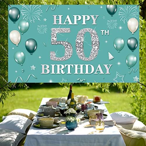 Banner de pano de fundo de decoração de 50º aniversário, teal prata feliz 50º aniversário decorações para mulheres, turquesa de 50 anos de festa de aniversário