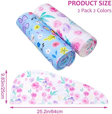 Basumee Microfiber Hair Toard Wrap for Kids 2 Pacote Rapid Secy Hair Toalha com Turbans de Cabelo de Botão Para Cabelo Moldado Praço de Toalha para Mulheres e Meninas, Flor