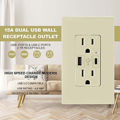 Micmi USB C Outlet Parede dupla Receptáculo de alta velocidade 15 amp, Smart 4.8A Capacidades de carregamento rápido, placa de parede resistente a adulteração incluída UL listada não para laptops