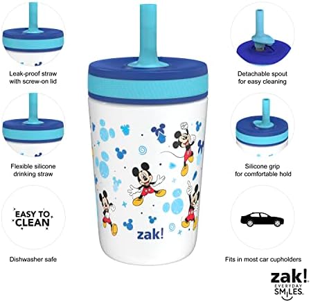 Zak projeta xícaras de criança Kelso para viagens ou em casa, copo com canudinho de aço inoxidável de 12 onças com design à prova de