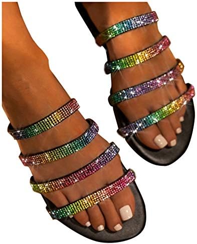 Flipes femininas chinelas de verão dedo mulheres mulheres deslizam ao ar livre em cristal plano verão redondo sapatos arco -íris suporta sandálias planas sandálias planas