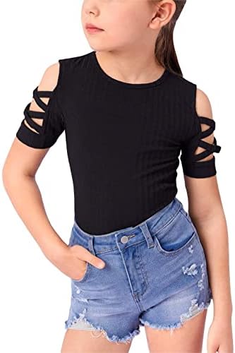 Cozyease Girls 'Casual Knit ombros frios cortados cortados de manga curta T camisetas