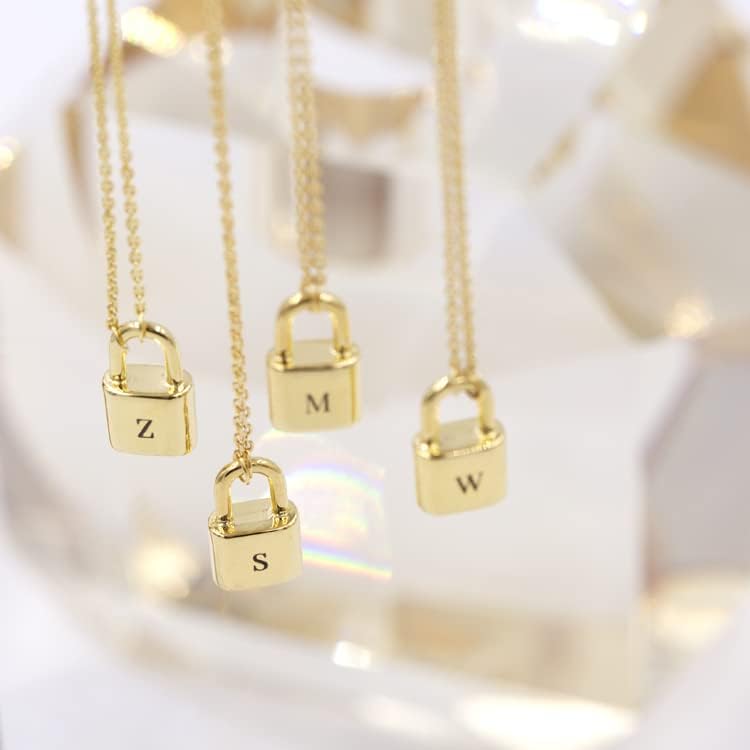 T3Store Tiny A-Z Letter Square Lock Pingnd Pingnd Chain Gold Chain Padlock for Women Pinging Grave Jewelry Acessórios-E-61445