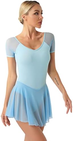 Vinhante para malha feminina Splice dança de balé collagem de manga curta Figura de patinação gelo Skirted Bodysuit
