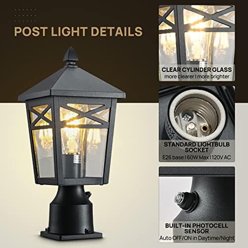 LOONLOK 1 Light Dusk to Dawn Outdoor Post Light, lâmpada externa Post luminária com vidro transparente, acabamento