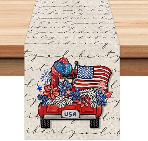 4 de julho Decorações Tabel Runners 13x72 polegadas Memorial Day American Flag Stars and Stripes Flower Trucks America Liberdade Liberdade