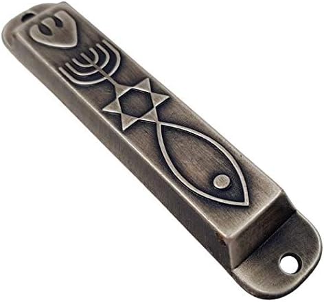 Caso Mezuzah messiânico de Pewter com rolagem para a porta 3D Menorah Messiianic Selo 10 cm / 4 polegadas