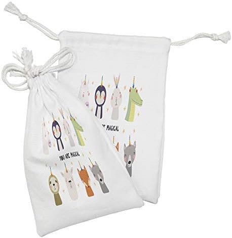 Conjunto de bolsas de tecido de cachorro lunarable de 2, animais engraçados com chifres de unicórnio e você é caligrafia, pequena bolsa de cordão para máscaras e favores de higiene pessoal, 9 x 6, multicolor