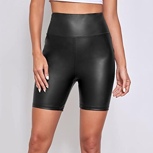 Shorts de couro preto mulheres cintura elástica da perna reta Bermudas shorts rolam bainha elástica de treino sexy de treino