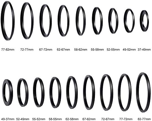Conjunto de adaptadores de filtro de conceito K&F 18 peças, lente de câmera Kit de escalonamento de metal de filtro de metal preto