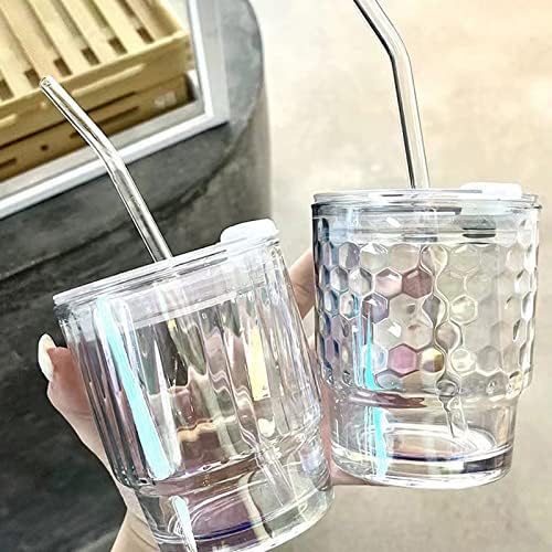 Tumbler de vidro iridescente com tampa e palha, 2 peças de 14 onças de bebida, copos de jarros à prova de vazamentos, copos
