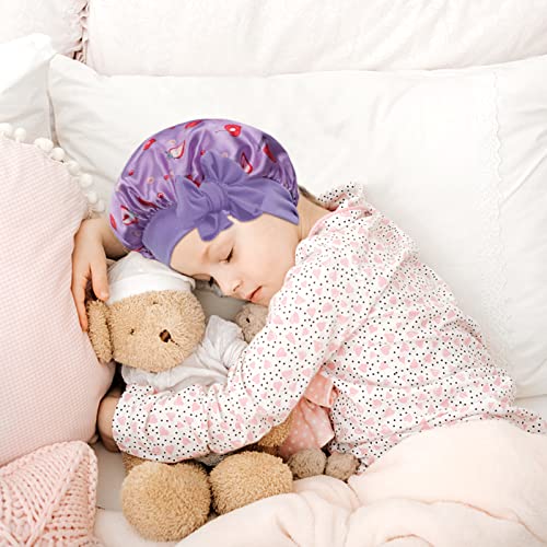 Arquumi pacote de 2 capoto de cetim dormindo para crianças, capô de cetim macio com cinta elástica, capô de cabelo de tampa ajustável para crianças, padrão rosa+roxo
