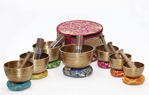 Sanskar Nepal Tibetano Singing Bowl Conjunto de 7 lados de alto lados com caixa de transporte | Sinos para meditação e ioga | Instrumentos de terapia de som para relaxamento | Meditação da tigela cantada para cura de chakra