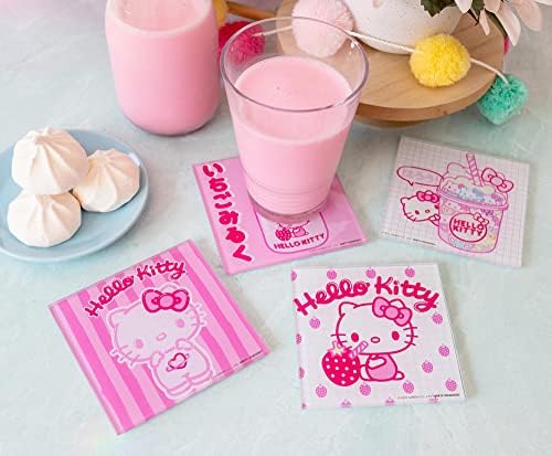 Silver Buffalo Sanrio Hello Kitty Strawberry Milk Coasters para bebidas, conjunto de 4 | Proteção de mesa para cozinha em casa, mesa da sala de jantar, rosa