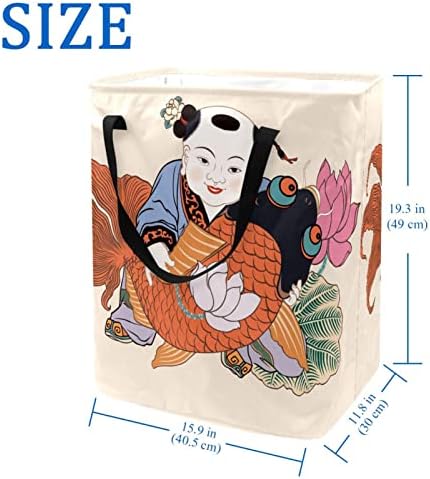 Ano Novo Chinês Fuwa Fish Lotus Imprimir cesto de lavanderia dobrável, cestas de lavanderia à prova d'água 60l de lavagem