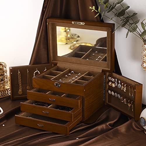 Titiskin Wooden Jewelry Box for Women Rings. Colares. Pulseiras. Brincos presentes de armazenamento （Brown)