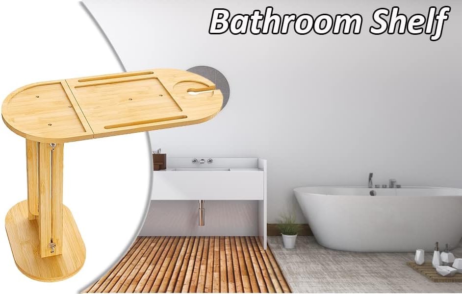 Bandeja de banheira de banheira, bandeja de banho e bandeja de bandeja de bandeja de banheira de banheira com altura ajustável, mesa lateral de banheira de bandeja de banheira de bambu